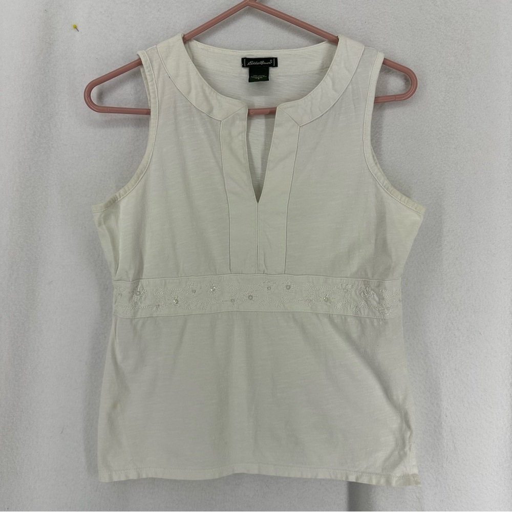 Eddie Bauer Sleeveless V Neck Embroidered Blouse Womens Petite‎ Small White